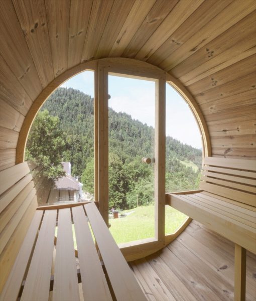 SaunaLife Model E7G 4 Person Barrel Sauna with Glass Front Interior View