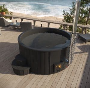 SaunaLife Model S4B Wood-Fired Hot Tub-Black With Fire