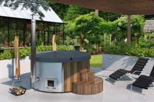 SaunaLife Model S4N Wood-Fired Hot Tub on Porch